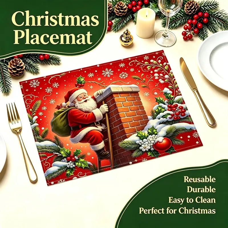 VIKAMA Christmas Linen Placemats, Merry Christmas Trees Vintage Ornaments, Natural Linen Washable, Dining Room