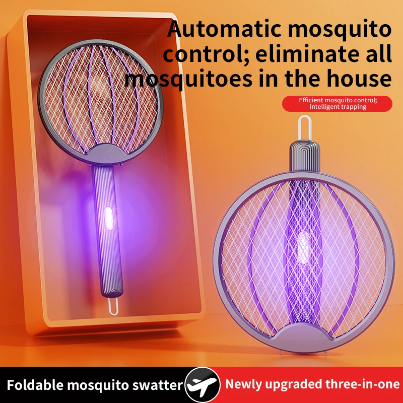3 em 1 dobrável USB recarregável 3000V Mosquito Fly Swatter UV Armadilha LED Interruptor duplo Grade segura 0 °   Bastão de parede Bug Zapper