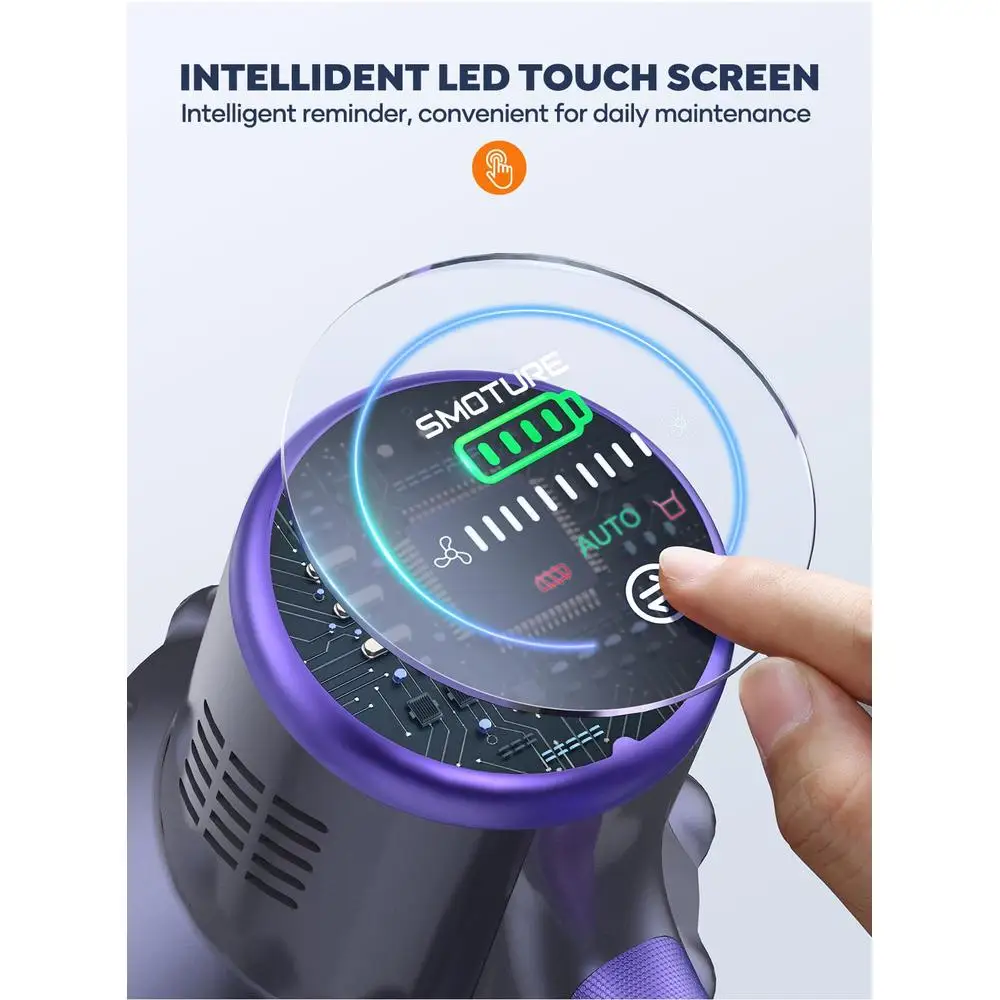 Cordless Stick Vacuum 2 Batteries 110 Mins Runtime 40KPA 450W LED Touch Screen Brush Multi-layer Filtration Rotatable Head Wall