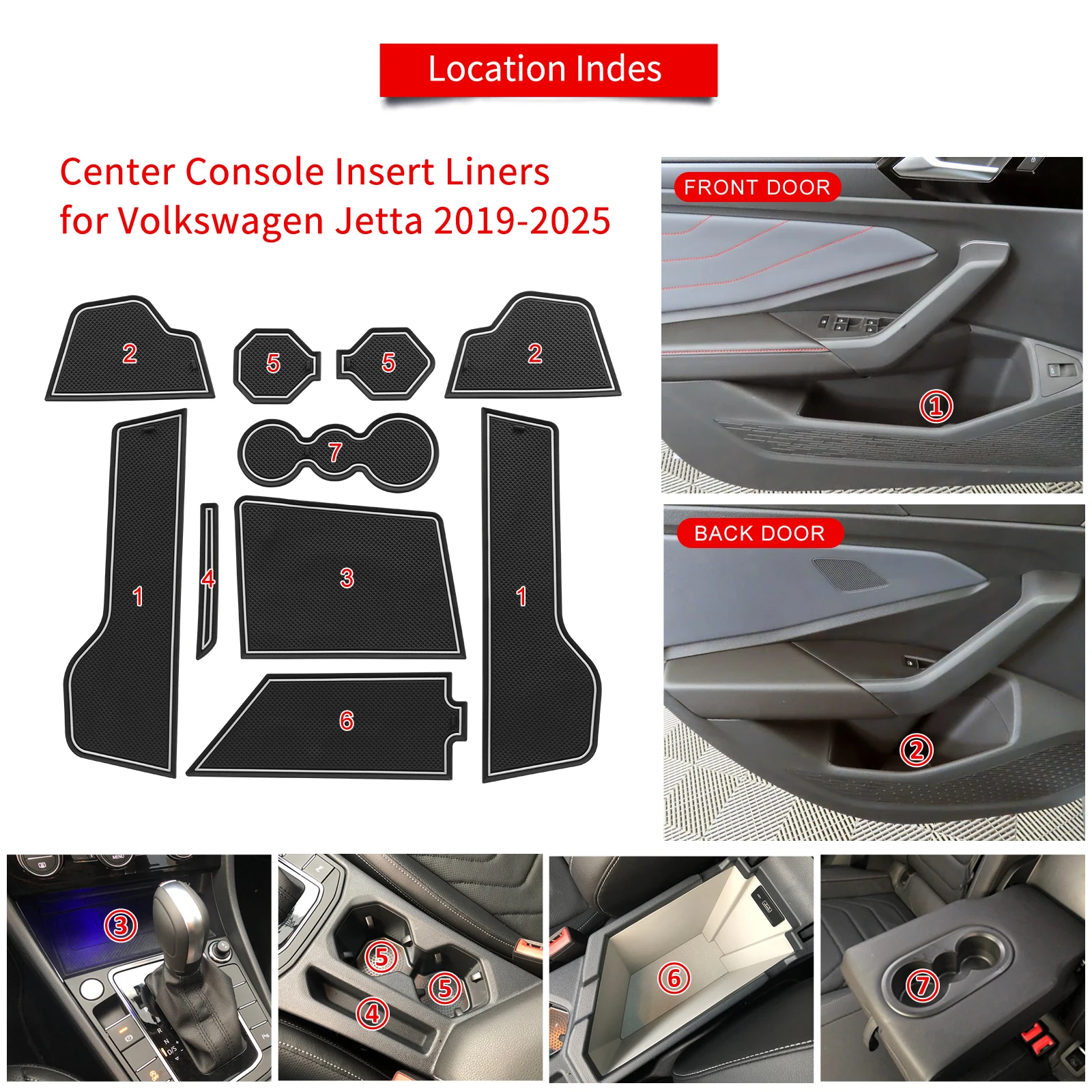LUCKEASY for Volkswagen VW Jetta 2019-2026 Central Anti-Slip Gate Slot Mat Door Groove Pad Cup Holder Liner Rubber Accessories