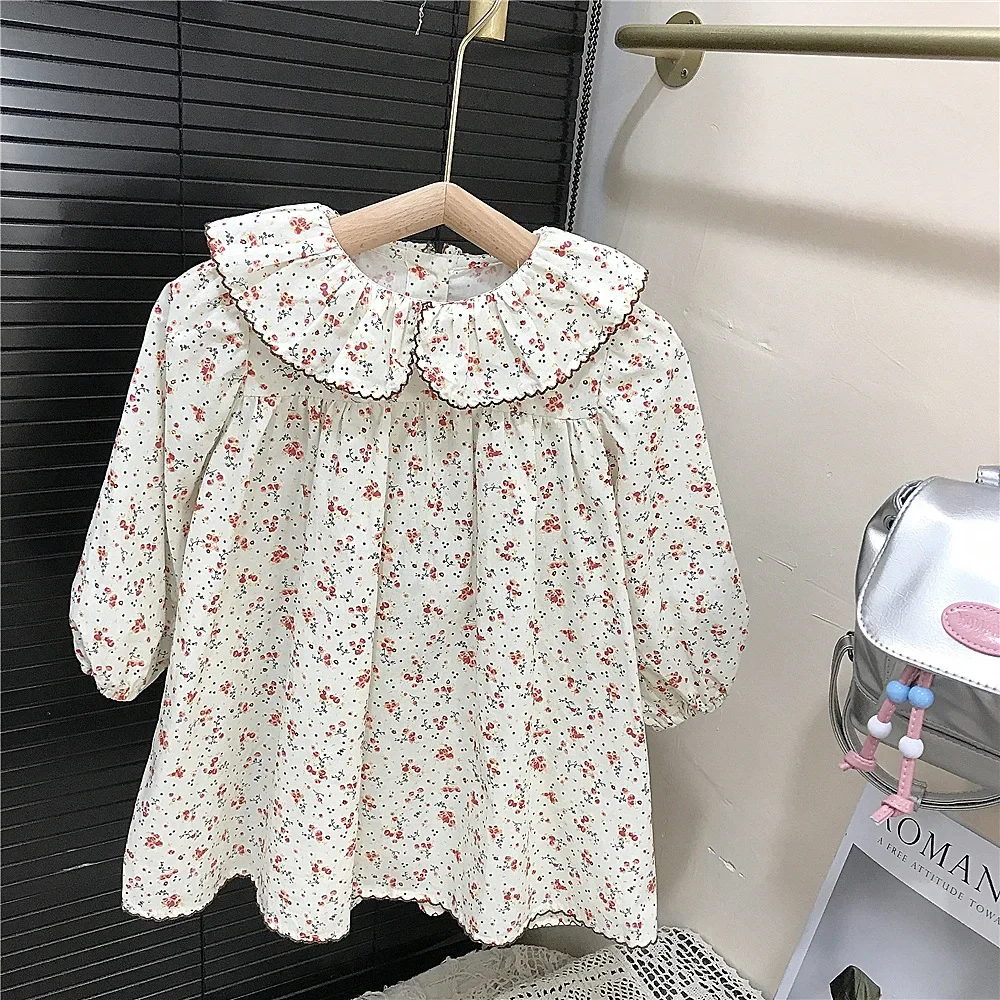 

2025 Children Girl Spring Princess Dress Cotton Floral Printed Long Sleeve Vestido Loose Peter Pan Collar 2-8Y Little Girl Dress