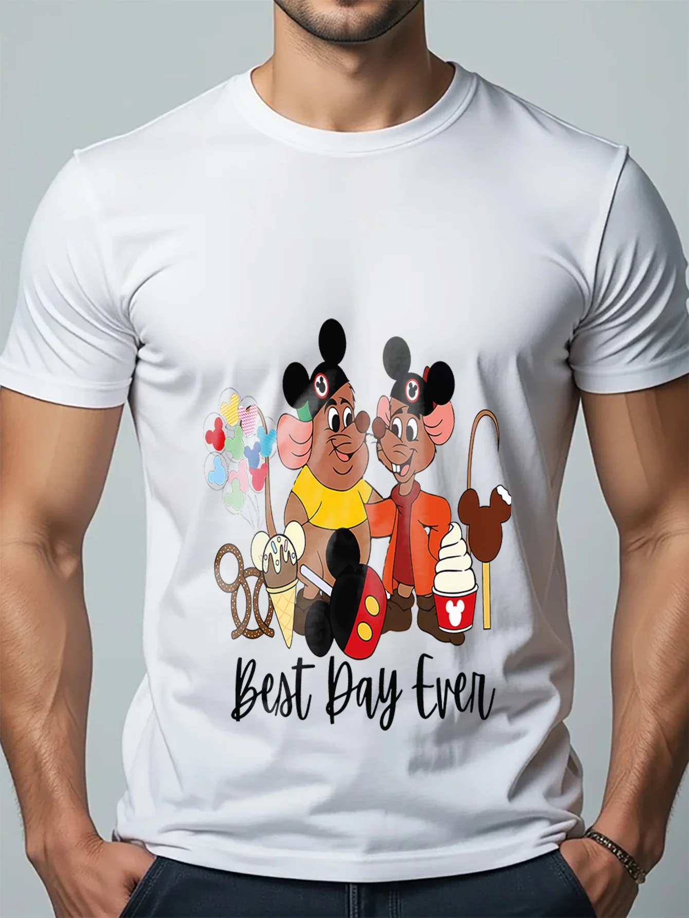 

Disney's best day ever printed black and white T-shirt for couples short sleeved top for men and women