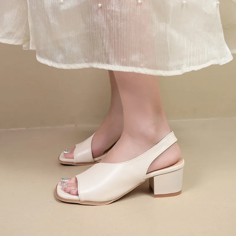 Women's Open-Toe Sandals Square-Toe Low-Heel Comfort Slip-On Dress Shoes PU Leather Ideal for summer office wear and commuting.