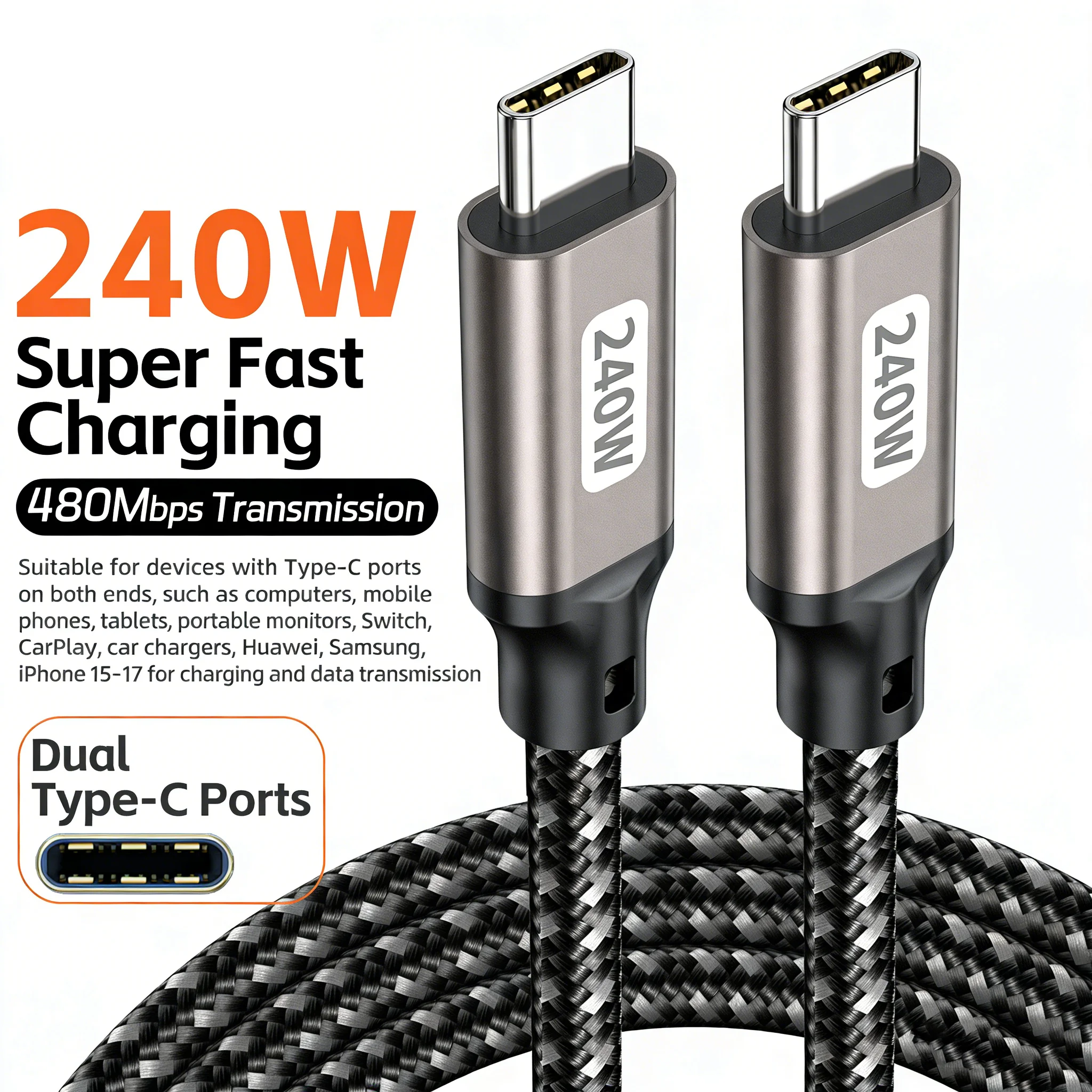 240W USB PD 3.1 480Mbps Type C to C Cable 48V/5A Fast Charging Data Transfer USB C  for Macbook Air Pro Samsung Huawei Laptop