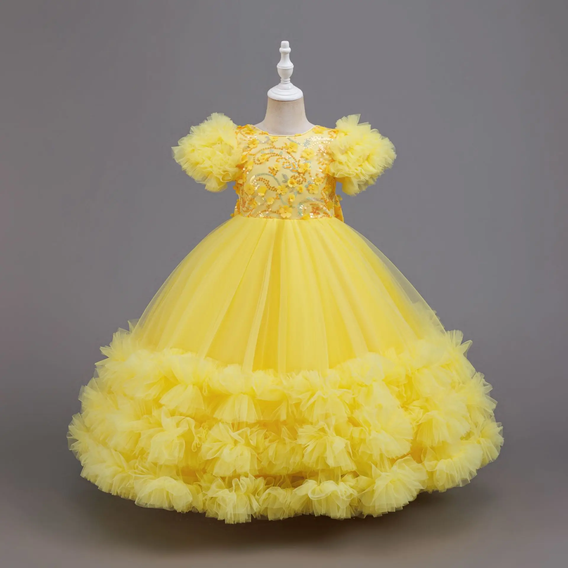 Mädchen Sommer Gelbe Pailletten Hochzeitskleider Tüll Karnevalsoutfits Mädchen Geburtstagsparty Kleider Mädchen Zeremonie-Outfits – Detail 3