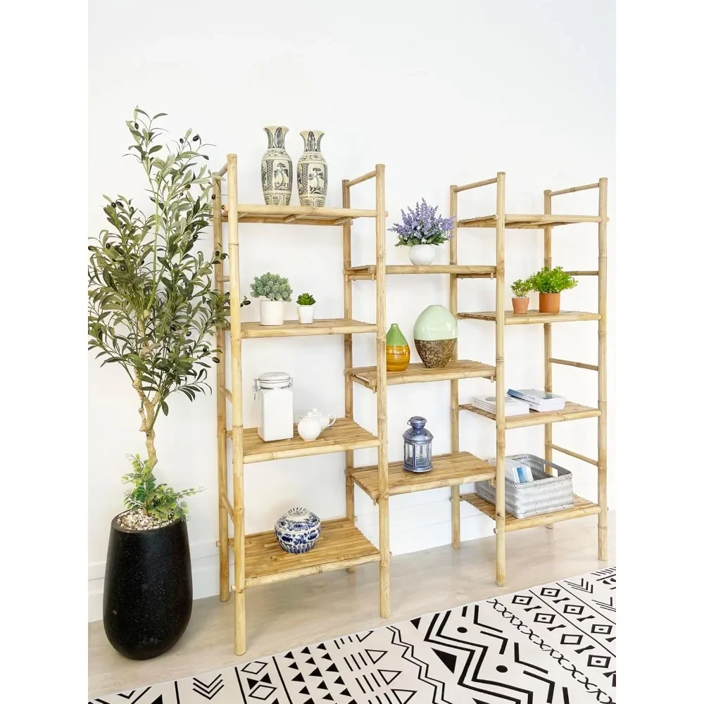 Natural Rattan Bamboo Handcrafted Multi-Purpose Freestanding Triple 4-Tier Bookcase With 11 Open Display Shelves|