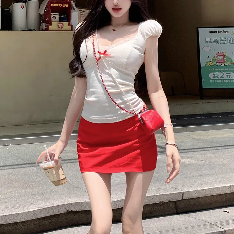 

Summer Girls Chic Designer High Waist Short Skirt Lady Slim Fit Mini Dress Female Classic New Red Bowknots Thin Skirt