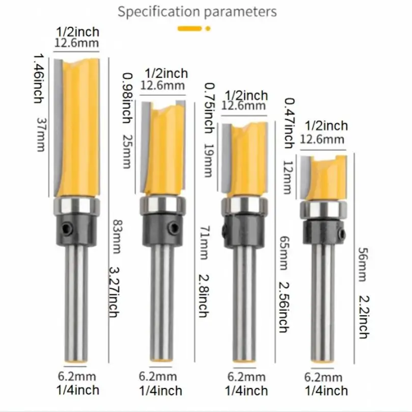 4pcs Straight Wood Milling Cutters for Woodworking Tool, 1/4 Inch Shank Lengthened Trimming Cutter Prevent Tearing