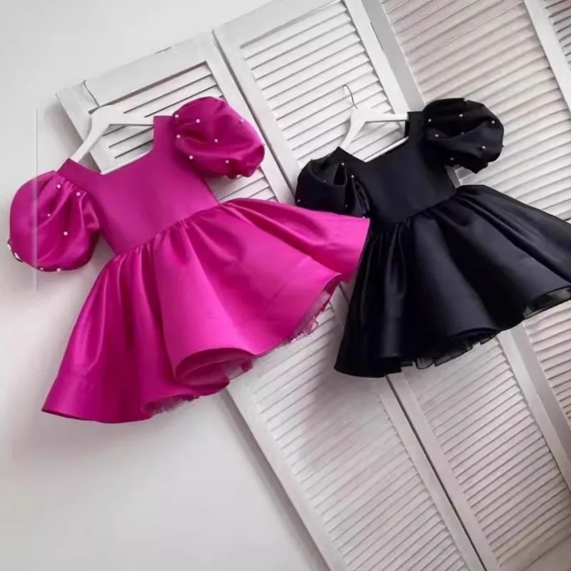 Flower girl dress smooth nail bead bubble sleeves, birthday multicolored satin pearl puffy dress