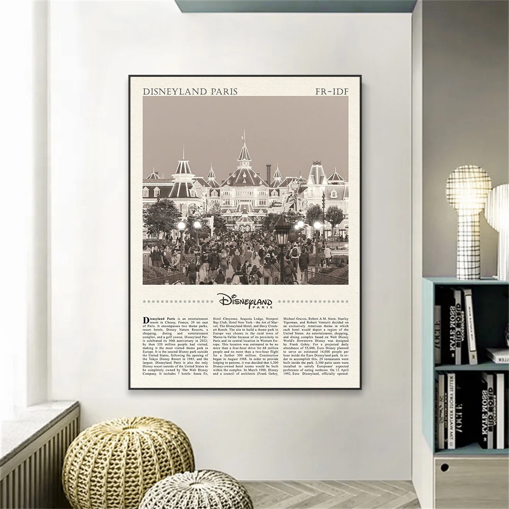 Disneyland Paris Print Vintage Wall Art City Travel Black and White Poster Retro Travel Canvas Painting Bedroom Wall Art Decor