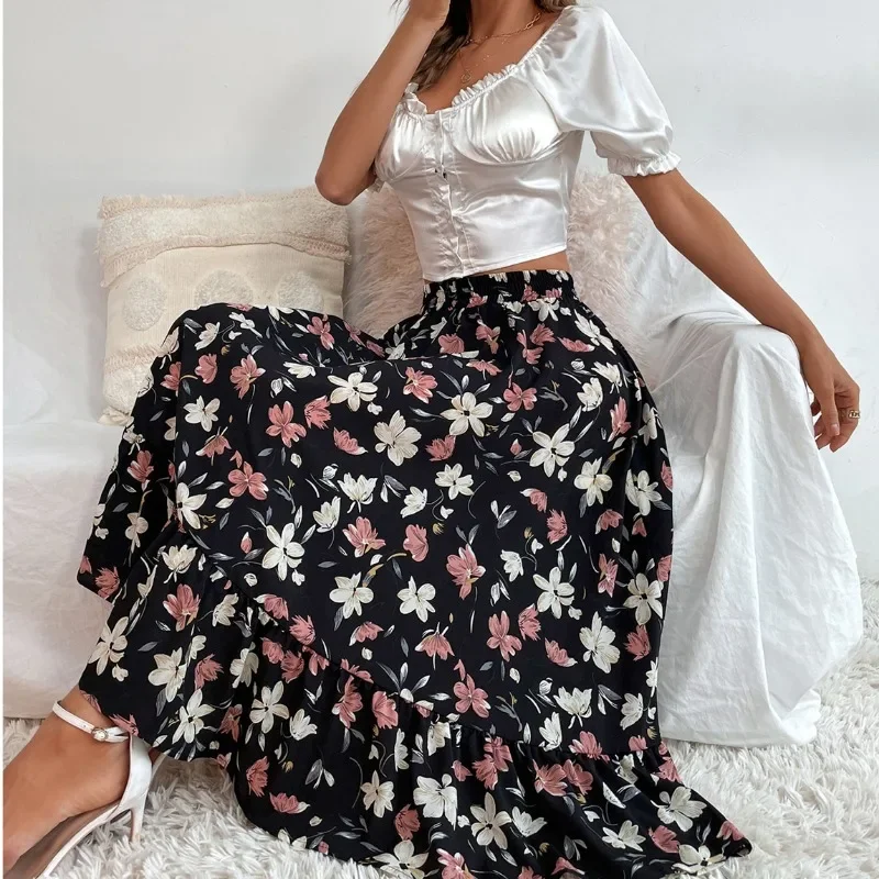 2025 Fashion Women's INS Casual Vacation Style Skirt Elegant Ladies Skinny Floral Printed Hem Hem Skirt Female Short Dress