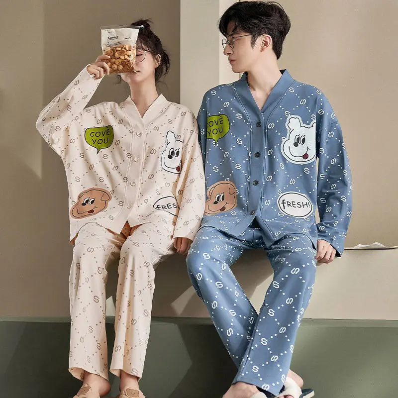 Couple Pajamas 100% Cotton 2023 Women's Pajamas Autumn and Spring V-neck Button Cardigan Loungewear Women Men Sleepwear