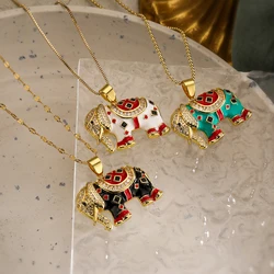 Glamorous Lucky Elephant Pendant Necklaces For Women,Colorful Oil Dripping Accessories, Stainless Steel Chain Party Jewelry