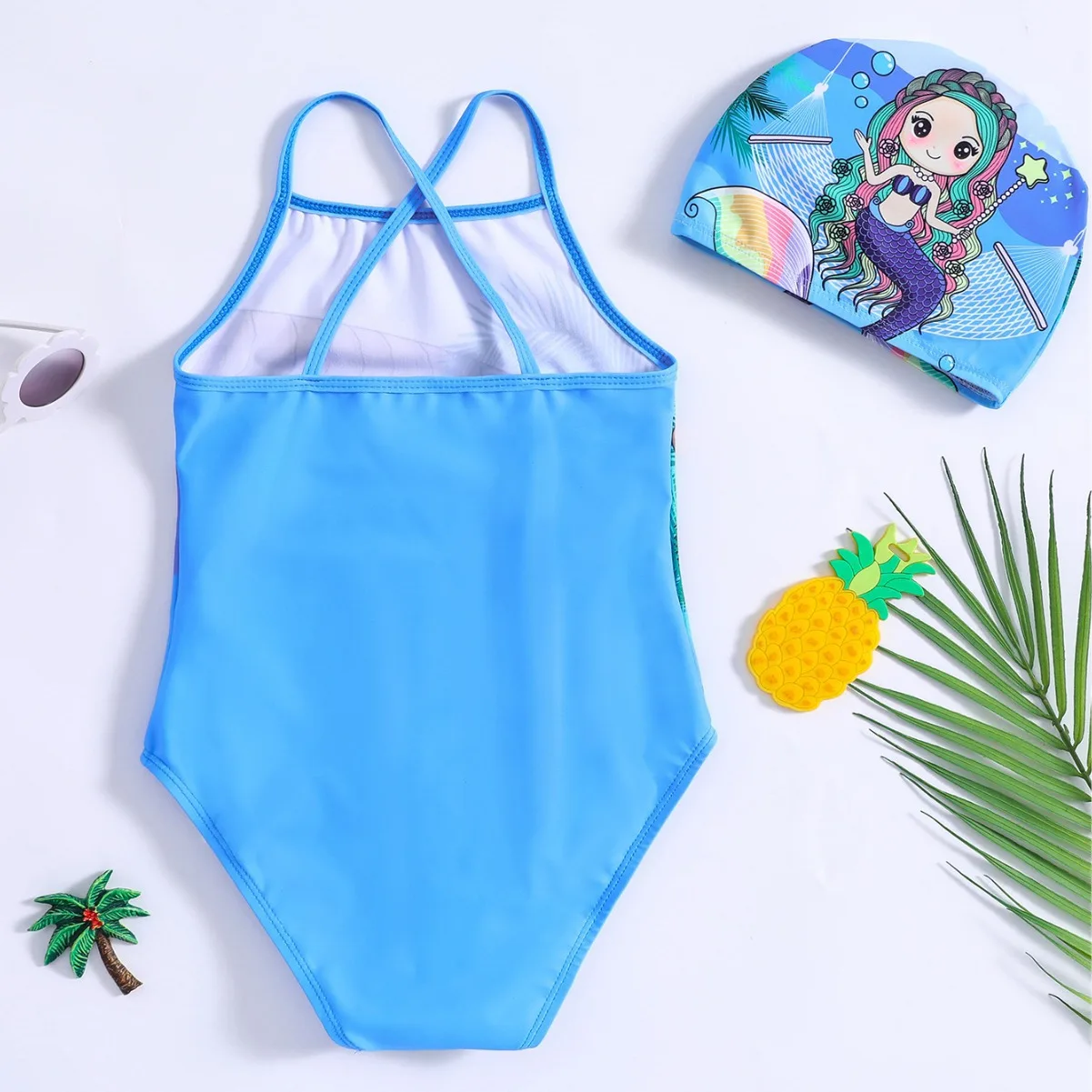 Baby one piece swimsuit with seaside mermaid print,cross strap with swim cap,suitable for seaside and pool play