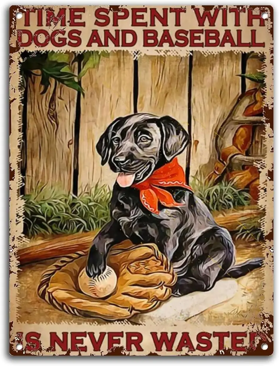 Vintage Sign Metal Signs Time Spent with Dogs and Baseball is Never Wasted Tin Signs Vintage Retro Bar Club Cave Home Kitch sign