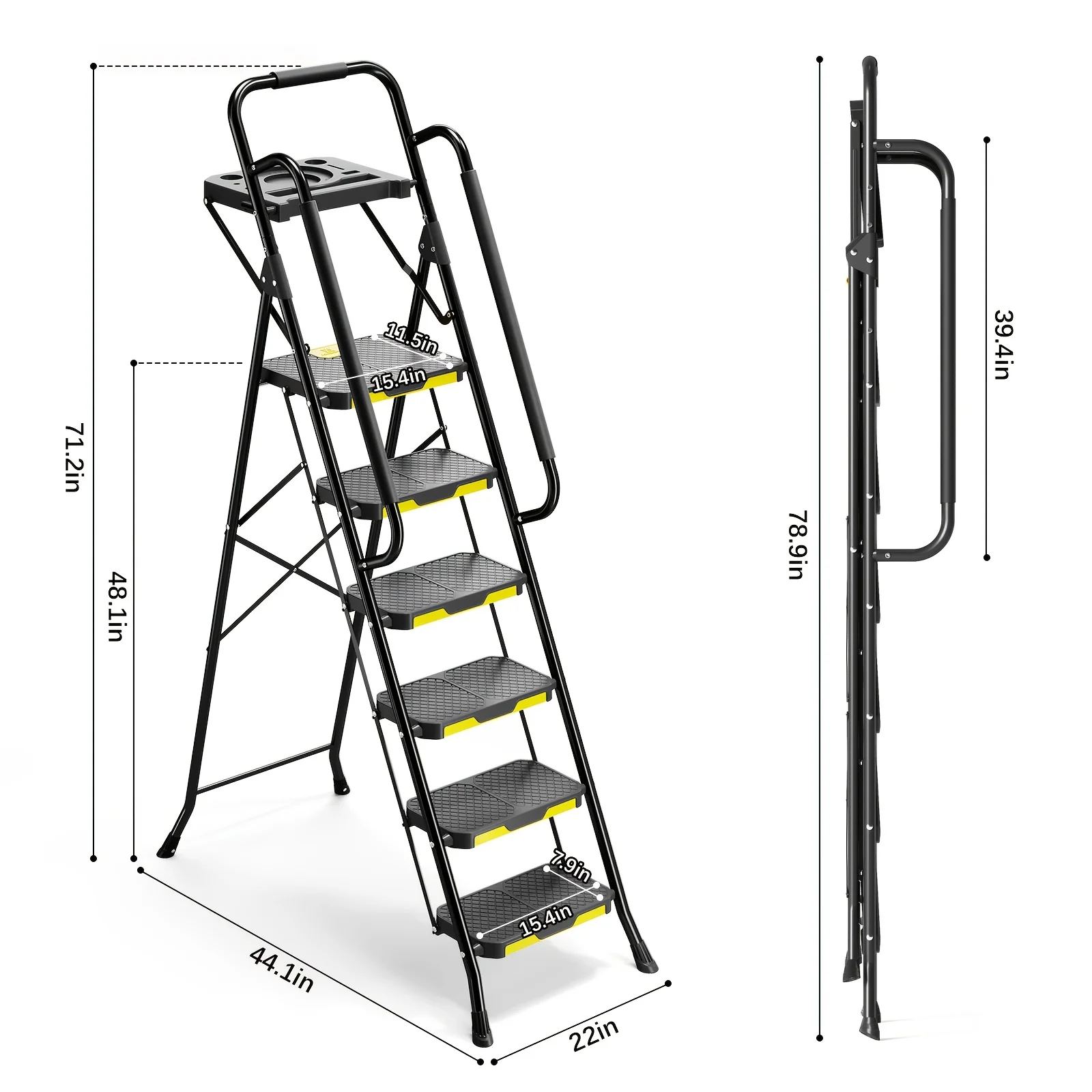 

TOOLF 6 Step Ladder with Tool Platform, Folding Step Stool with Handrails, Sturdy Steel Ladder with Wide Pedal, 800 LBS Portable