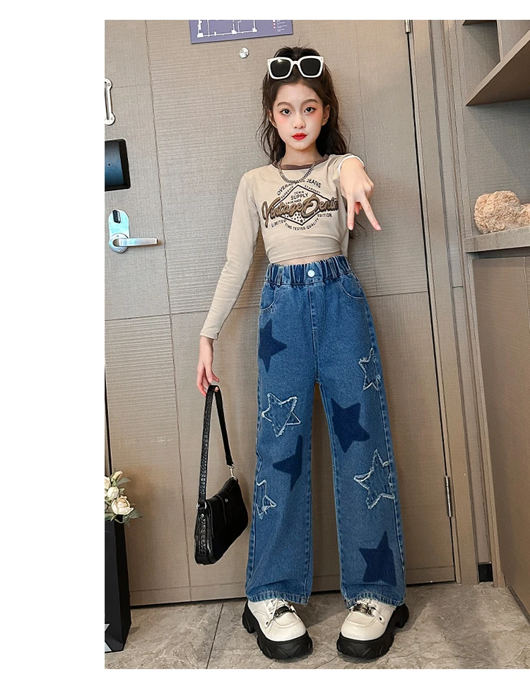 Stylische Streetwear-Jeans für Kinder mit geradem Schnitt und Sternen, modische Kleidung, Hip-Hop-Retro-Jeanshosen für Mädchen, luxuriöse Kinderhosen – Detail 3