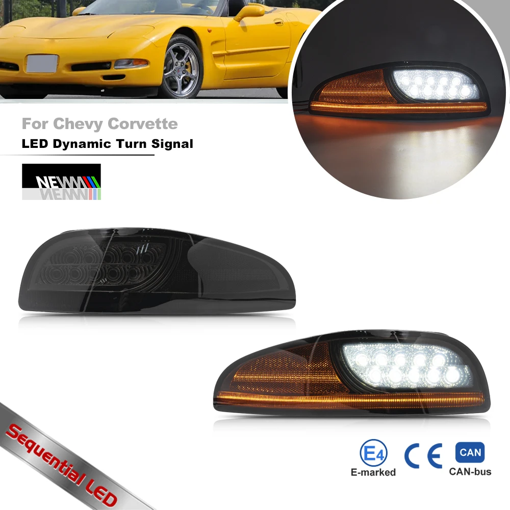 Geräucherte LED-Stoßstangen-Kotflügel-Sequentielle Eckleuchte für Chevy Corvette C5 1997–2004, dynamisches Blinker/DRL/Positions-Parklampe