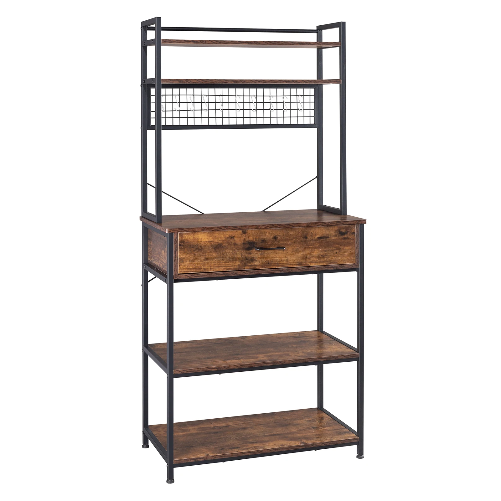 5-Tier Kitchen Bakers Rack with 10 S-Shaped Hooks and 1 drawer , Industrial Microwave Oven Stand, Free Standing Kitchen Utility