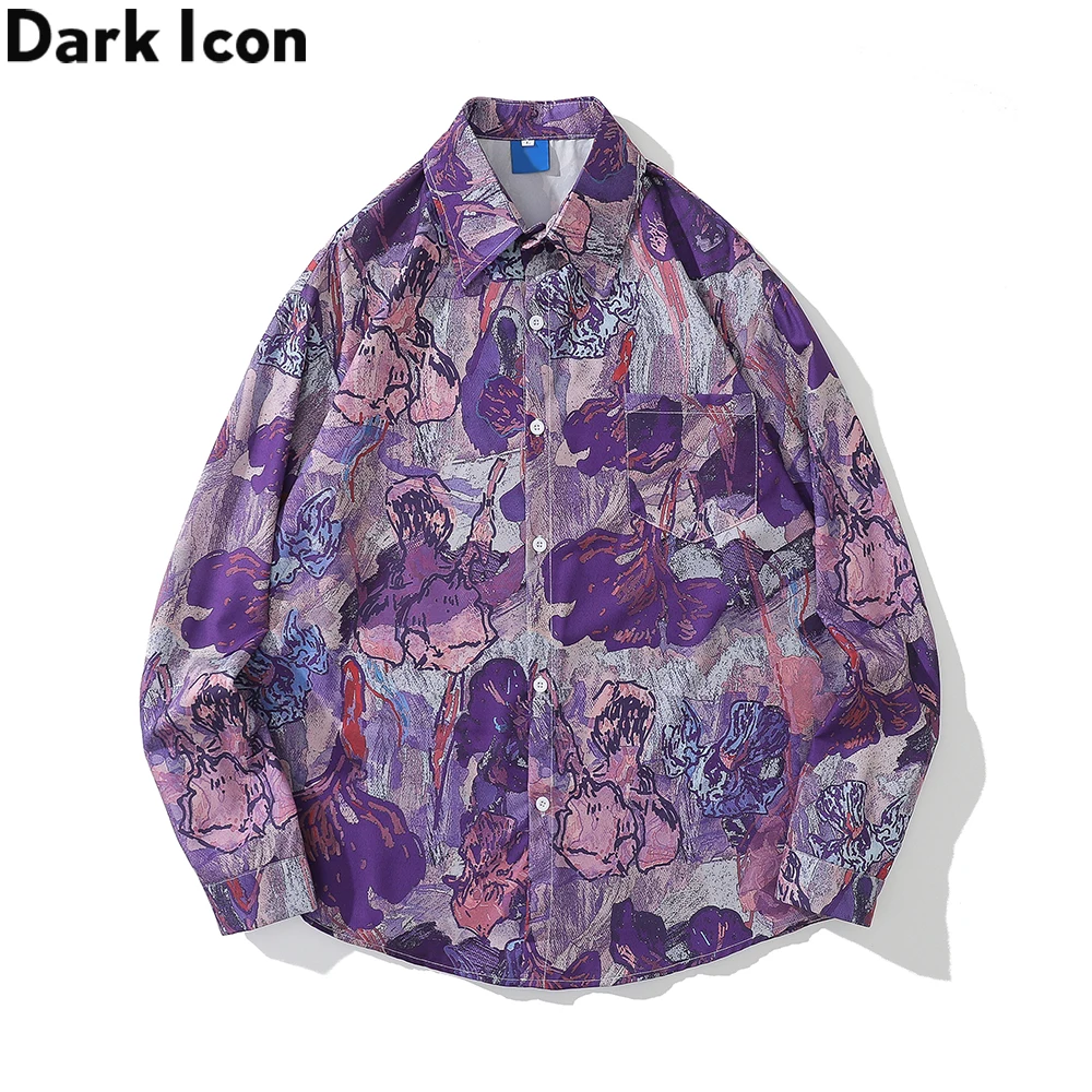 Dark Icon Full Printing Oversized Men's Blouse Turn-down Collar Shirts for Men Long Sleeve