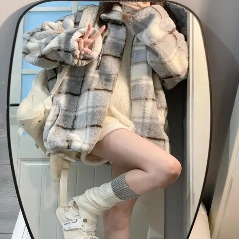 الخريف الشتاء النمط الأمريكي الرجعية منقوشة الوقوف طوق كم طويل صوف مبطن معطف سميك فضفاض متعدد الاستخدامات #2