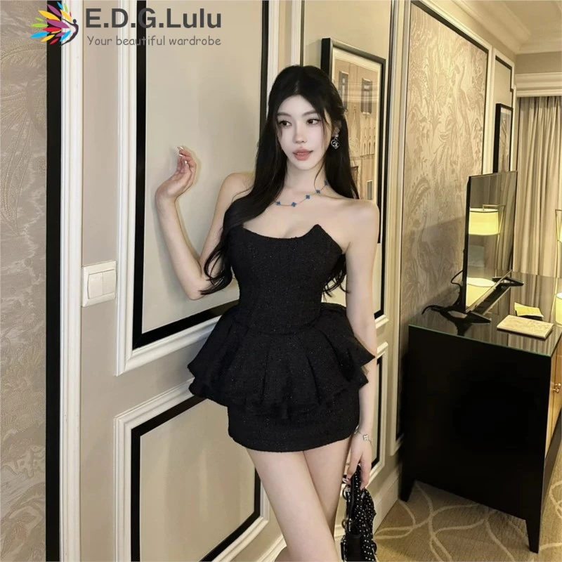 

EDGLuLu Sexy Backless Drawstring Lace-Up Strapless Top +High Waist Mini Skirt Black White Two Piece Set 0821