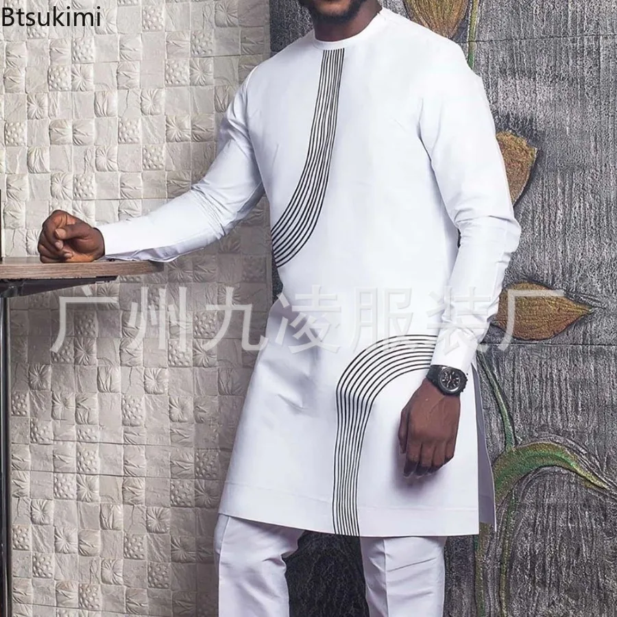 Ethnic Style African Tribal Men Shirts Round Neck Long Sleeve Business Casual Slim Blouses Comfy Traditional Long Tops Gentleman