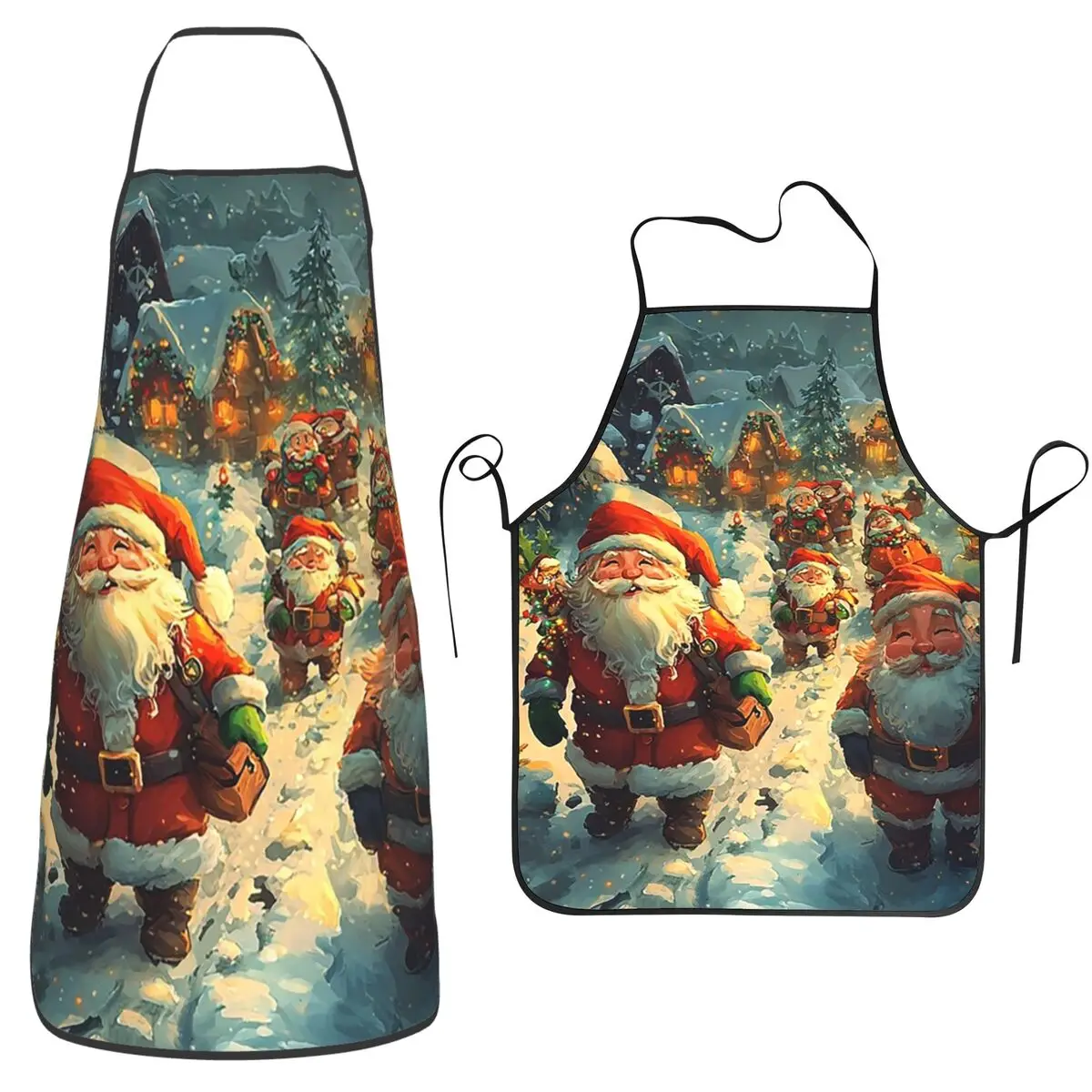 

Christmas Santa Claus Snow Village Apron Chef Cooking Tablier Sleeveless Bib Kitchen Cleaning Pinafore for Women Men Painting