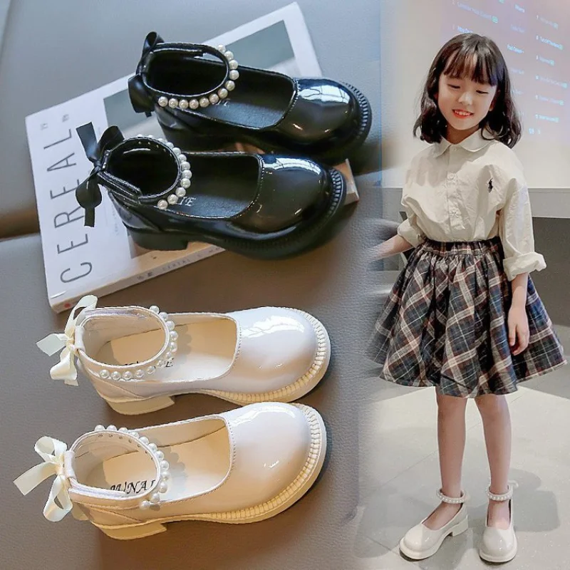 Bow Princess Girl Party Shoes for Kids Mary Jane Shoes Children Dress Black School Shoes Due To Princesses Pearl Leather Shoes