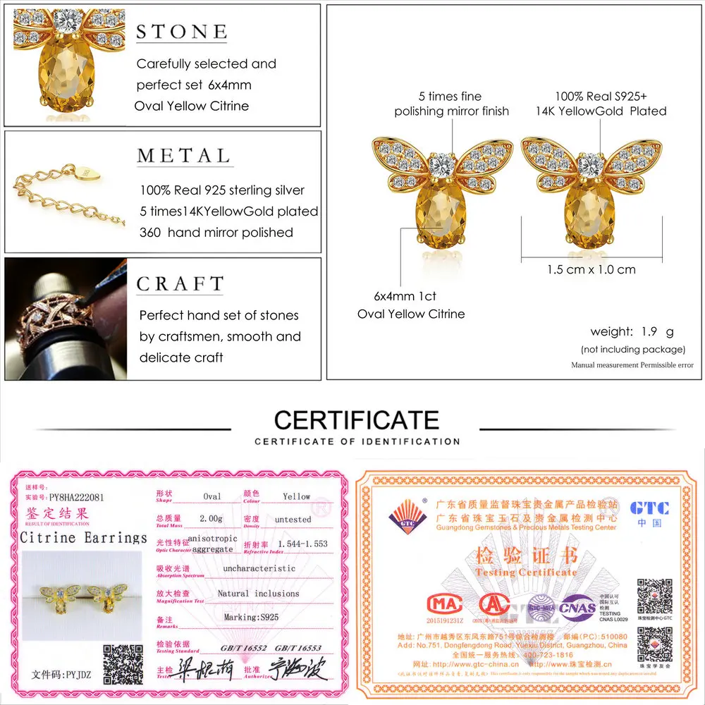 Lamoon蜂のイヤリング女性のための925スターリングシルバーシトリン宝石用原石のスタッドピアス14 18kイエローゴールドプレートファインジュエリーLMEI041