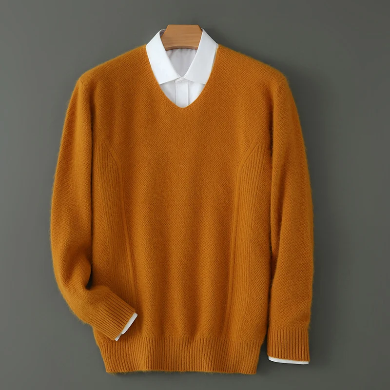 2024 autumn/winter new men's V-neck mink sweater loose sweater with a warm solid color Korean version of the knit base shirt