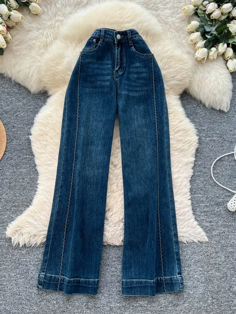 

Women's spring new casual loose and versatile straight leg pants American style retro high waisted denim wide leg pants
