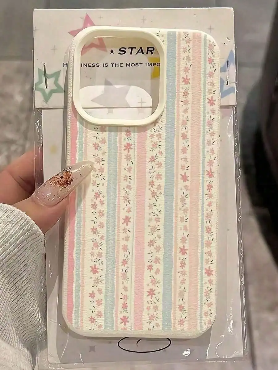 White Floral Blue & Pink Striped Phone Case For iPhone 17 Pro Max Air X XR XS Max 7 8Plus 16 15 14 13 12 11 Trend Back Cover Y2K