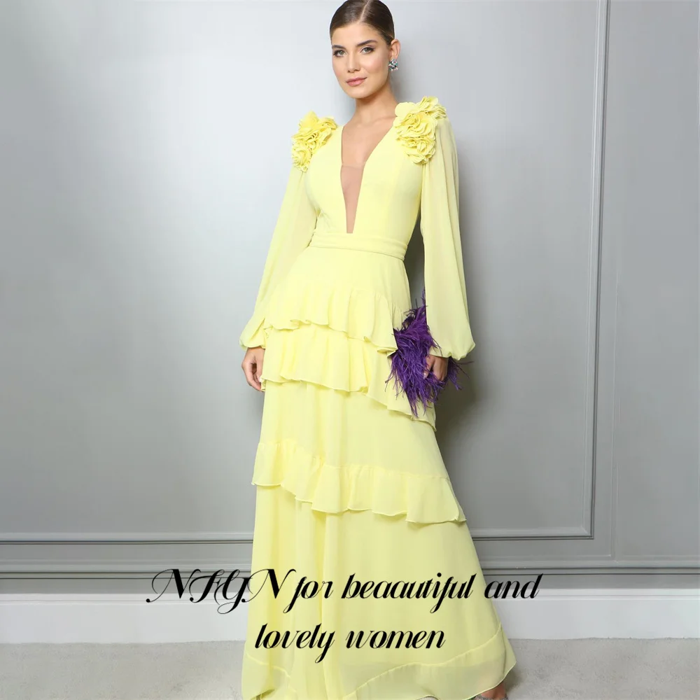 NFYN Yellow Chiffion Party Dresses Deep V Neck Full Sleeves Flower Formal Dresses Gown Tiered Long Evening Dresses Customized