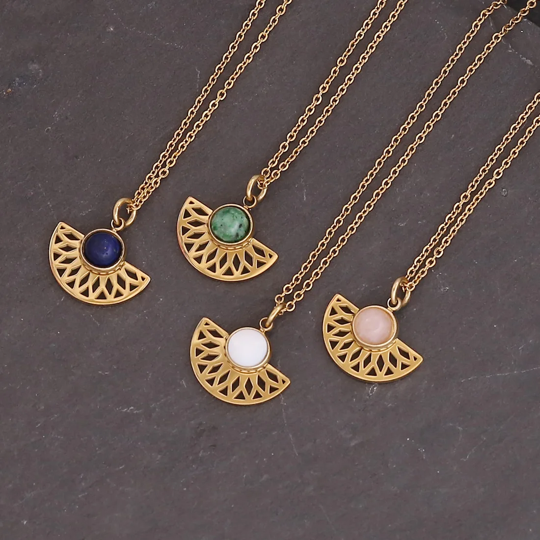 Natural Stone Vintage Necklace Cross Sunflower Sector Pendants Gold Color Stainless Steel Necklace Bohemian Jewelry for Women