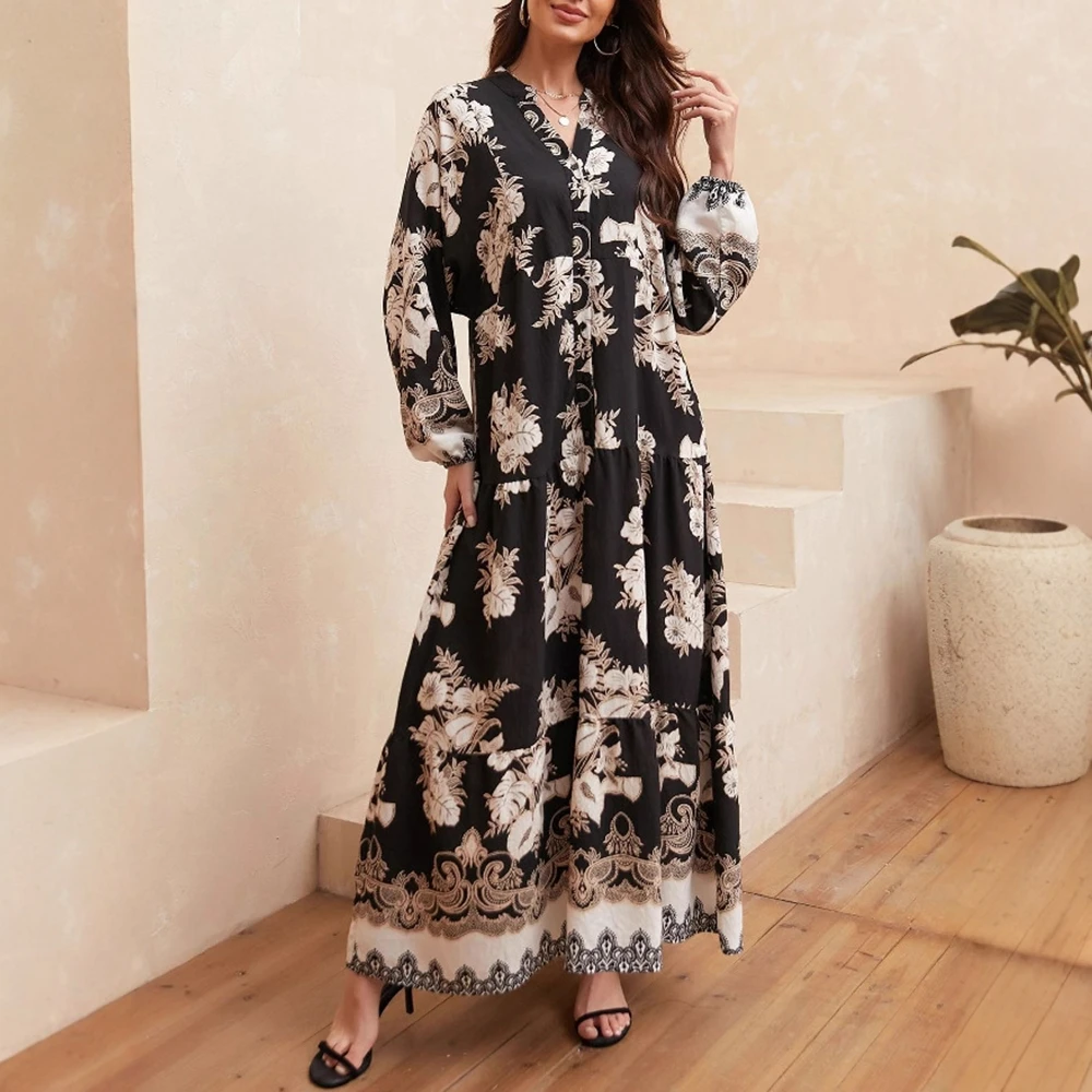 Women's Retro Vintage Full Print Dress Lantern Sleeve V-Neck Loose Fit All Season Vacation Casual Maxi Dress