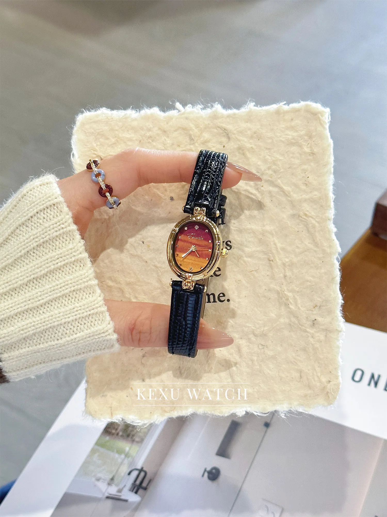 Eavanlin watch Brown/Black Crocodile Leather Strap Gradient Oval/Square Dial Women's Watch
