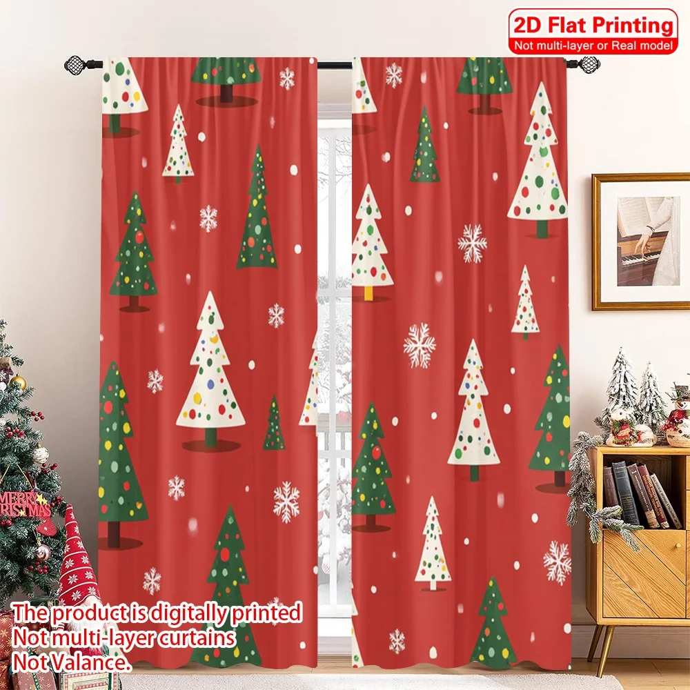 

2pcs 2D flat printing Merry Christmas Popular Party Window Curtains Christmas Trees Snowflakes Festive Fabric Without