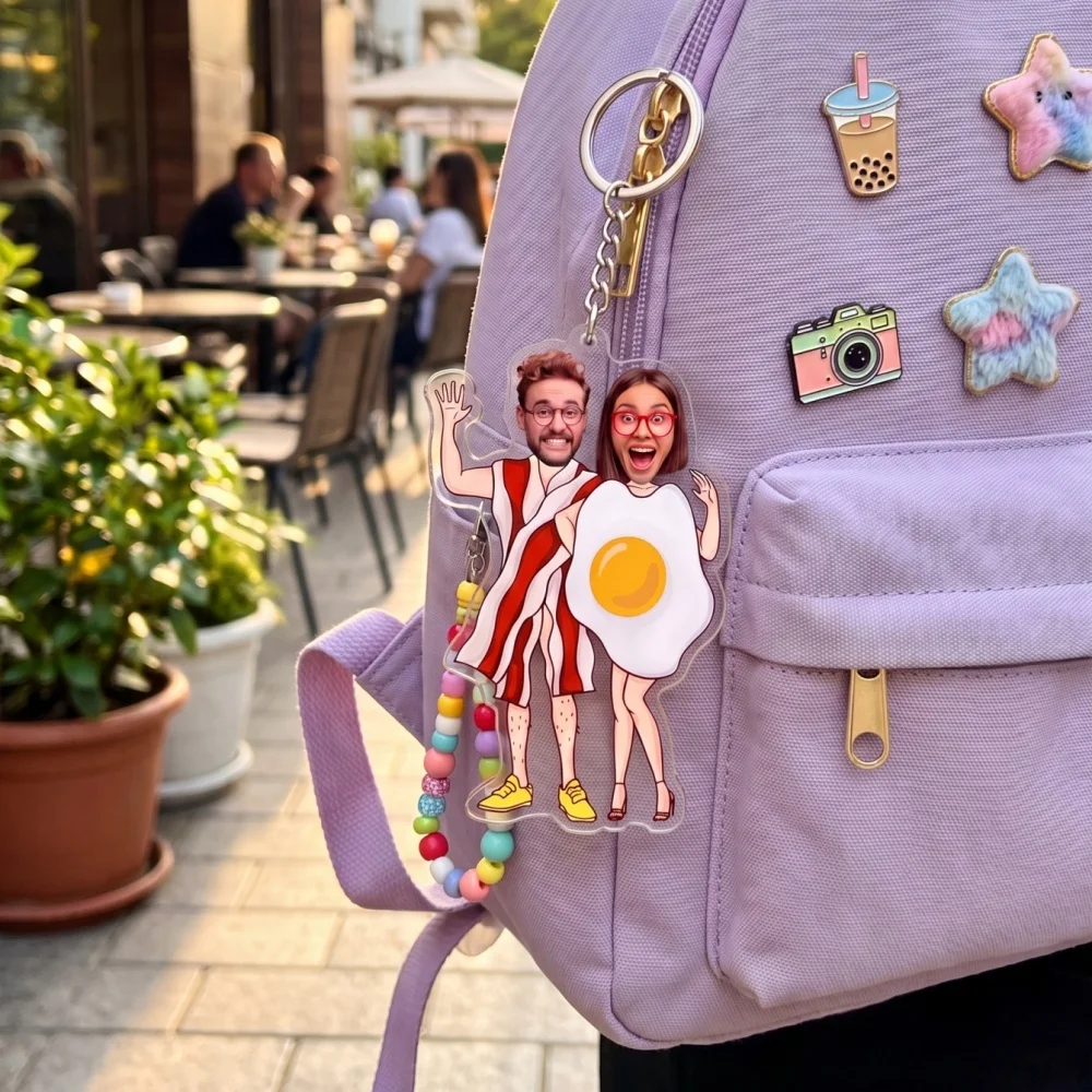Custom Funny Caricature Figure Keychain,Personalized Photo‑to‑Cartoon Acrylic Keyring,Quirky Breakfast Themed Couple Accessory,