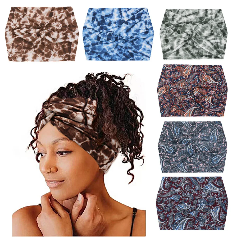 Flower Yoga Headbands For Women\'s Hair Extra Wide Thick Stretchy Boho African Turban Knotted Tie Dye Head Bands