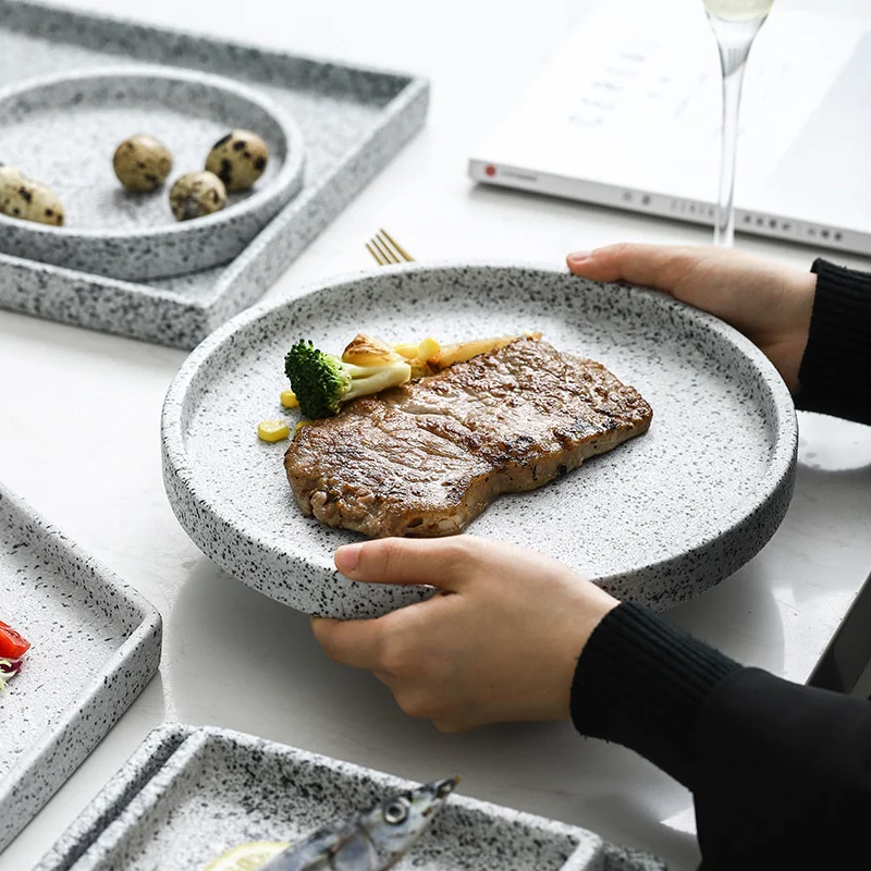 Ceramic Pastry Tray Imitation Granite Stone Steak Dish Breakfast Plate Pizza Pasta Tray Steak Dessert Dishes Tableware