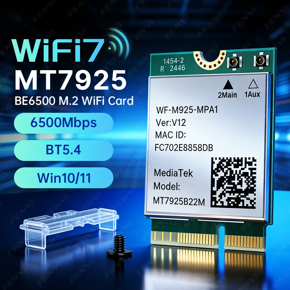 

Сетевая карта MT7925 WiFi 7 BE6500 M.2 с Bluetooth 5.4, трехдиапазонная (2.4G, 5ГГц, 6ГГц), 802.11BE NGFF WiFi7 для ПК AMD с Windows 10/11