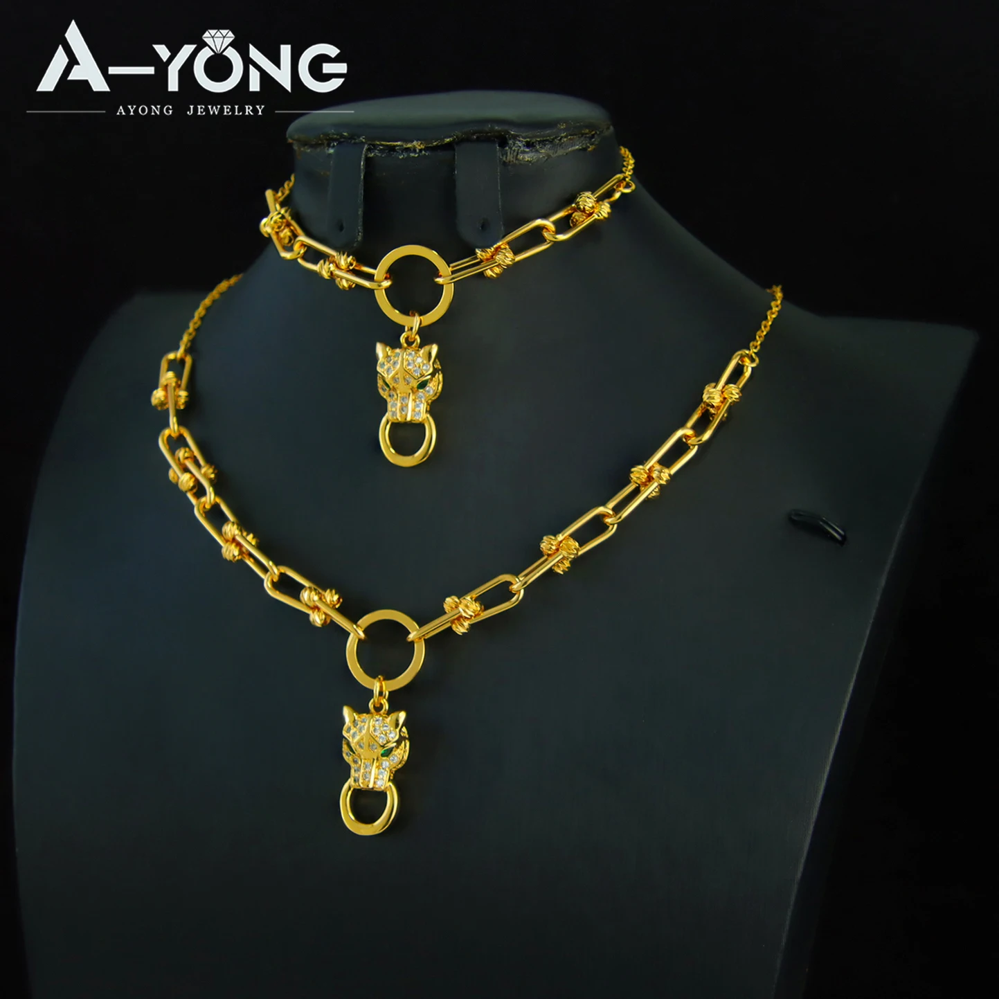 Hochwertiges Schmuckset aus Leoparden-Gold, 21 Karat vergoldet, U-förmiger Zirkonia, Panther-Halskette, Armband, Dubai, Damen-Party-Schmuck, Geschenk – Detail 3