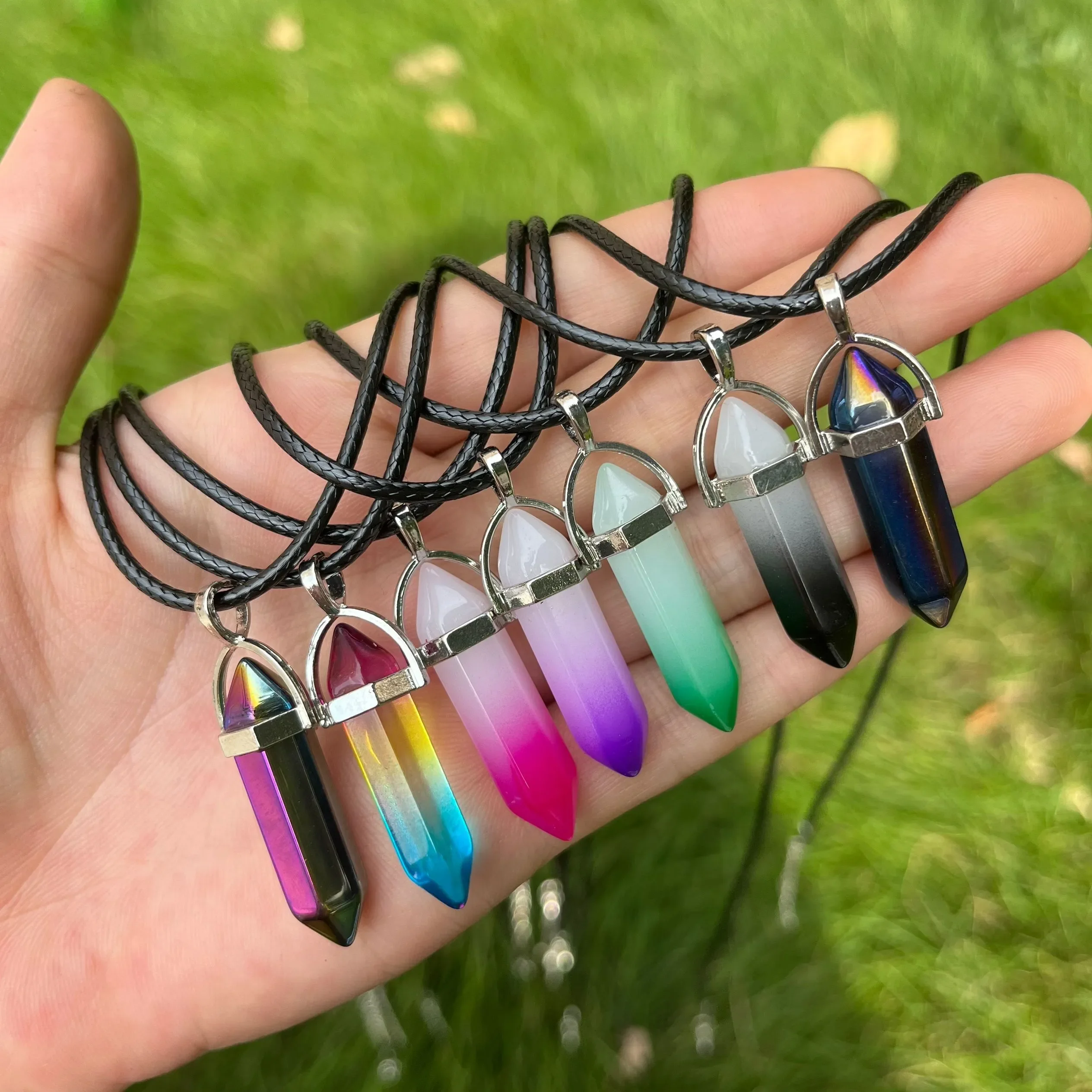 7pcs/set Natural Stone Pendant Hexagon Prism Pendulum Chakra Jewelry Healing Crystal Quartz Point Women Men Necklaces