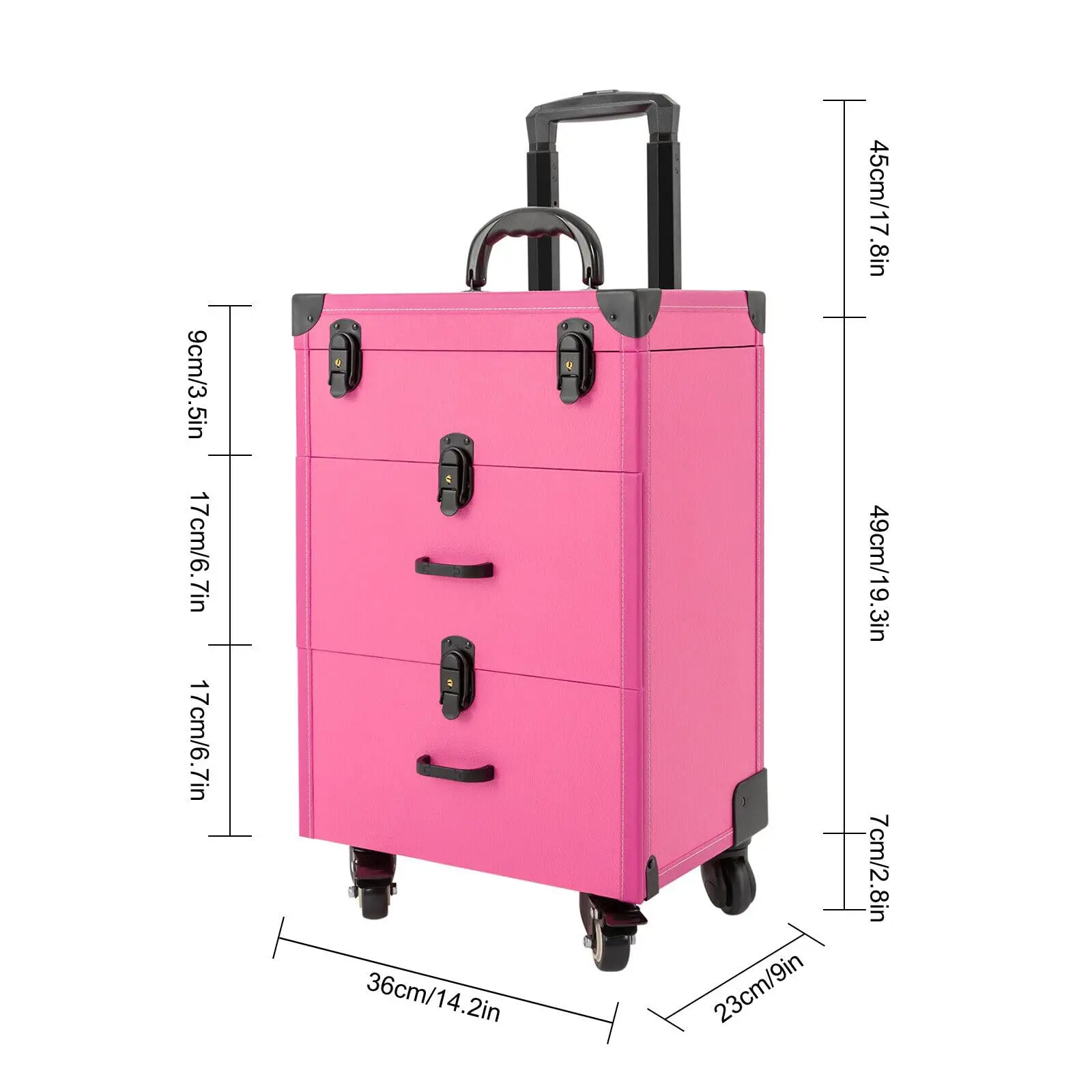 حقيبة مكياج دوارة، حقيبة مستحضرات تجميل على عجلات، عربة تخزين أظافر مكونة من 3 طبقات مع جيب تخزين شفاف، عربة تنظيم طلاء السفر