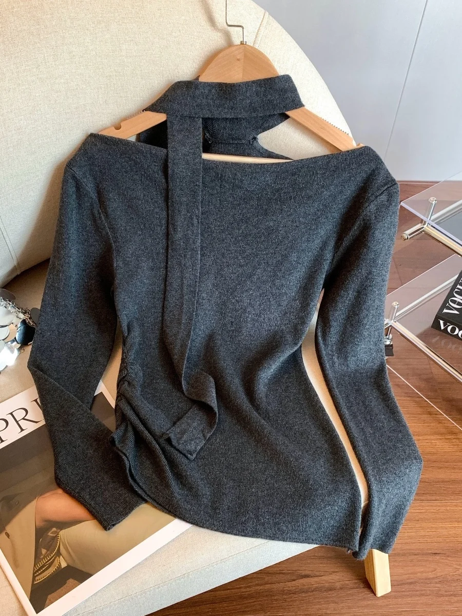 

Корейский стильный вязаный топ на одно плечо для женщин, весенний, облегающий, с длинным рукавом, базовая кофта, модный тренд для верхней части тела