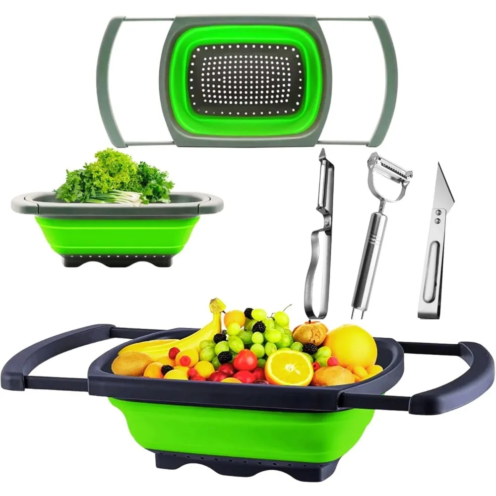 

Складной силиконовый дуршлаг над раковиной — складной фильтр на 6 литров с выдвижными ручками и 3 бонусными очищающими элементами, идеально подходит для V