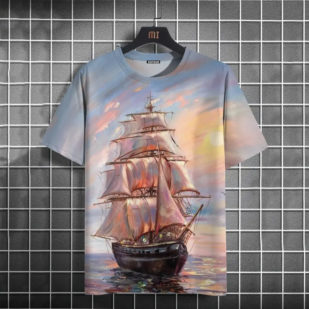 

Vintage Men's T-Shirt Sailboat 3d Print Short Sleeved Tees Top Fashion Casual Oversized T-Shirts Men Clothing Quick Dry Pullover