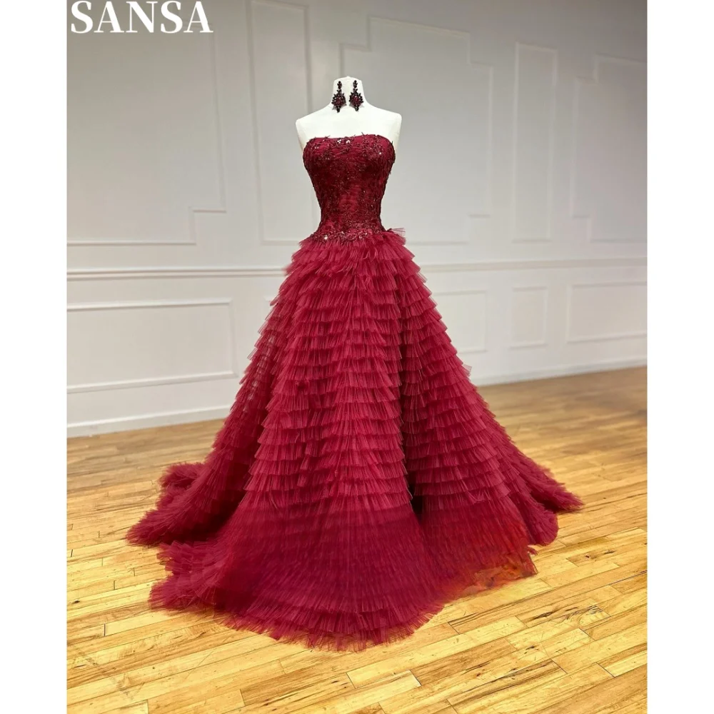 Sansa elegante a linha vestido de baile de renda personalizado até o chão vestidos de casamento multicamadas sem alças vestidos de fiesta