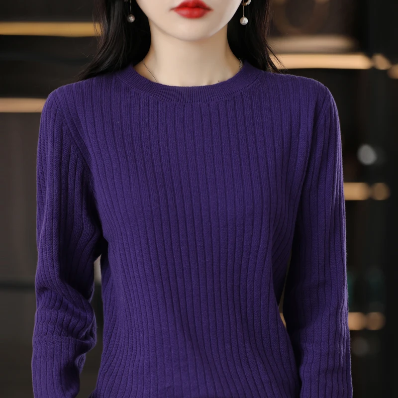 Autumn Winter Women 100% Cotton Sweater O-Neck Pullover Vertical Pit Strip Long Sleeve Knitwear Slim Warm Bottoming Tops